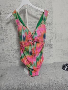 BECCA ETC Vibrant Pink & Green Tie-Front Swimsuit With Sea Shell Accent
